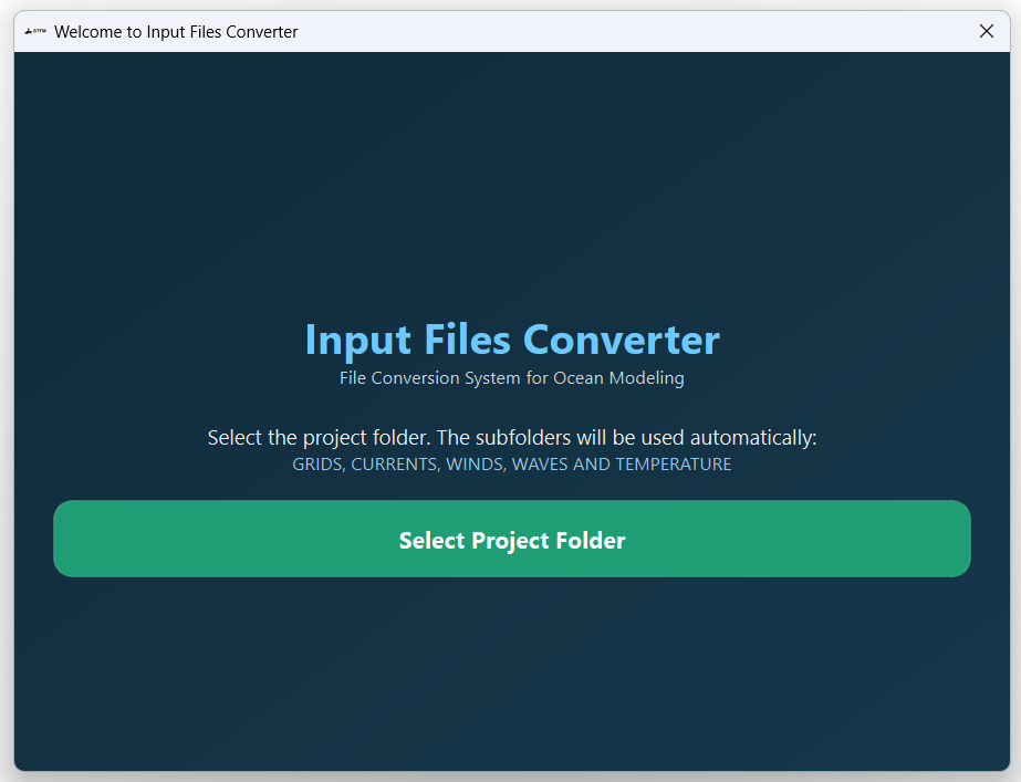 Welcome to Input Files Converter screen with a Select Project Folder button