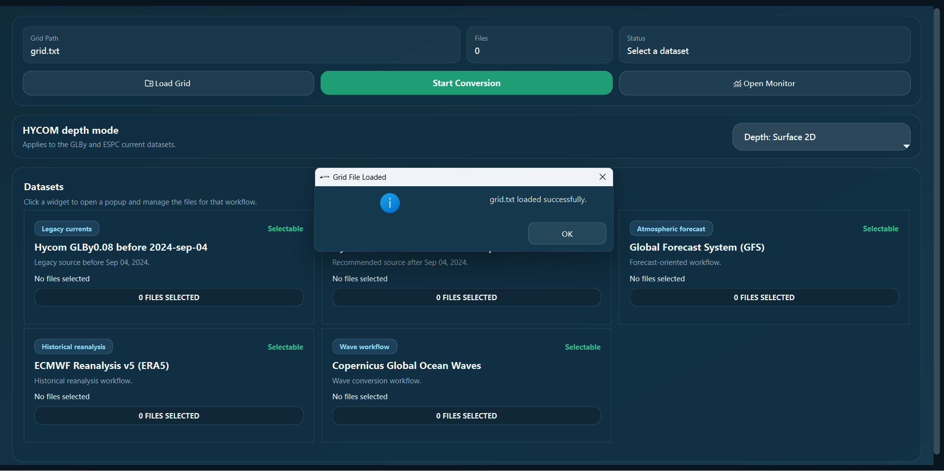 Grid File Loaded confirmation dialog showing grid.txt loaded successfully