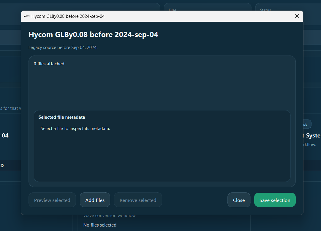 File manager popup for the Hycom GLBy0.08 card, with Add files, Preview selected, Remove selected, and Save selection buttons