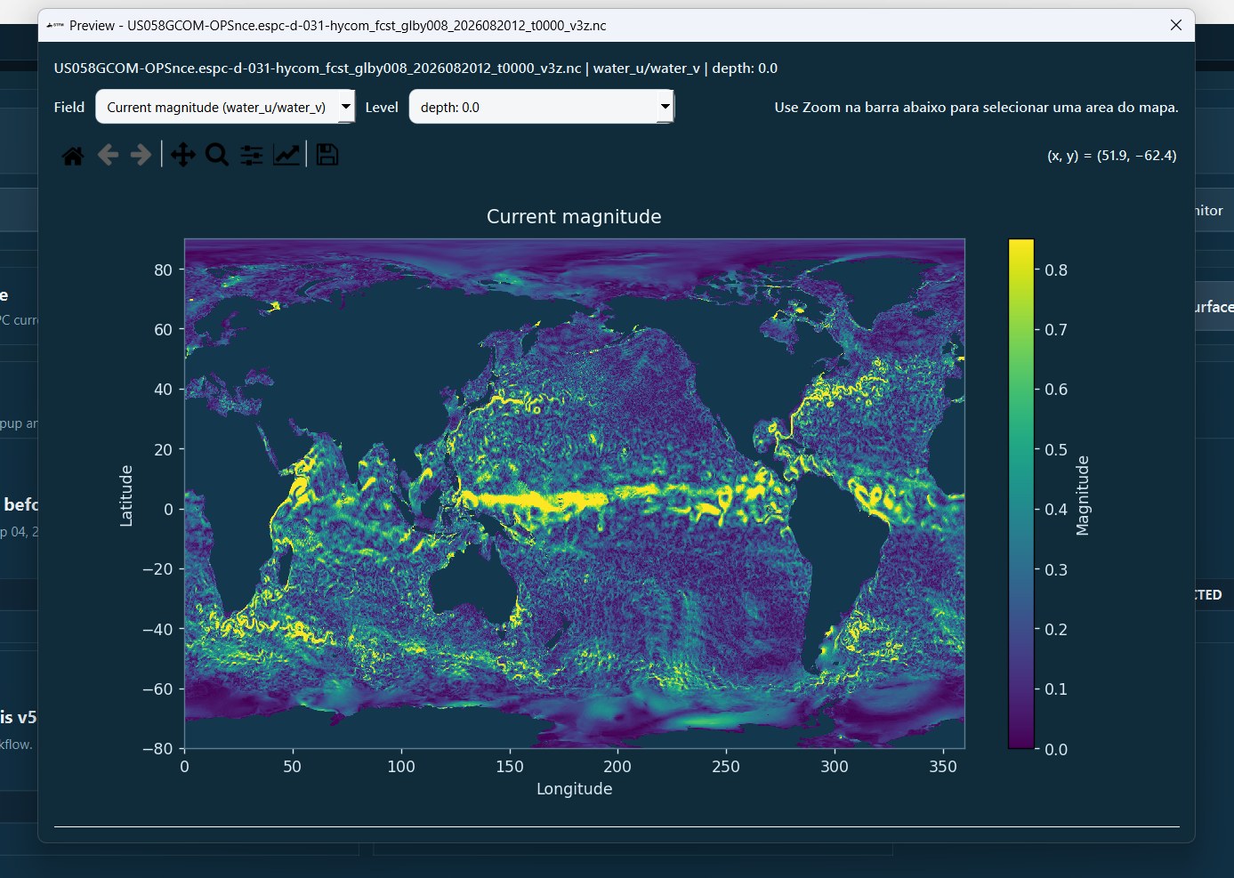 Preview window showing a global current magnitude map generated from the selected file