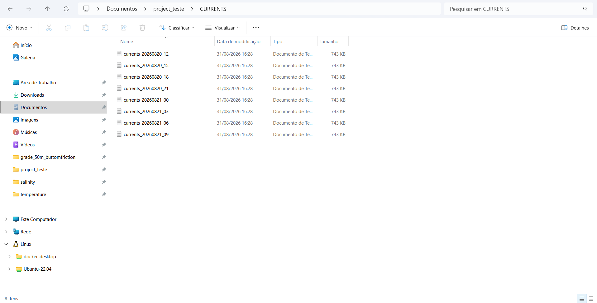 Windows file explorer showing the CURRENTS folder with eight converted current files, one per timestamp