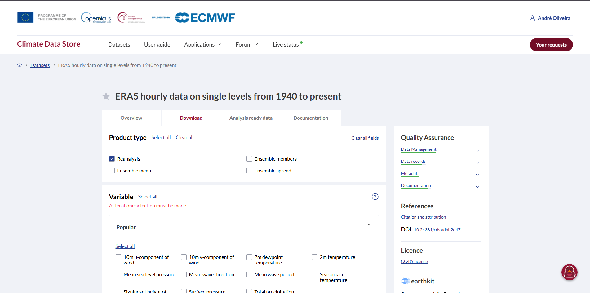CDS download form showing Product type (Reanalysis checked) and the Variable Popular section with 10m u-component and v-component of wind checkboxes