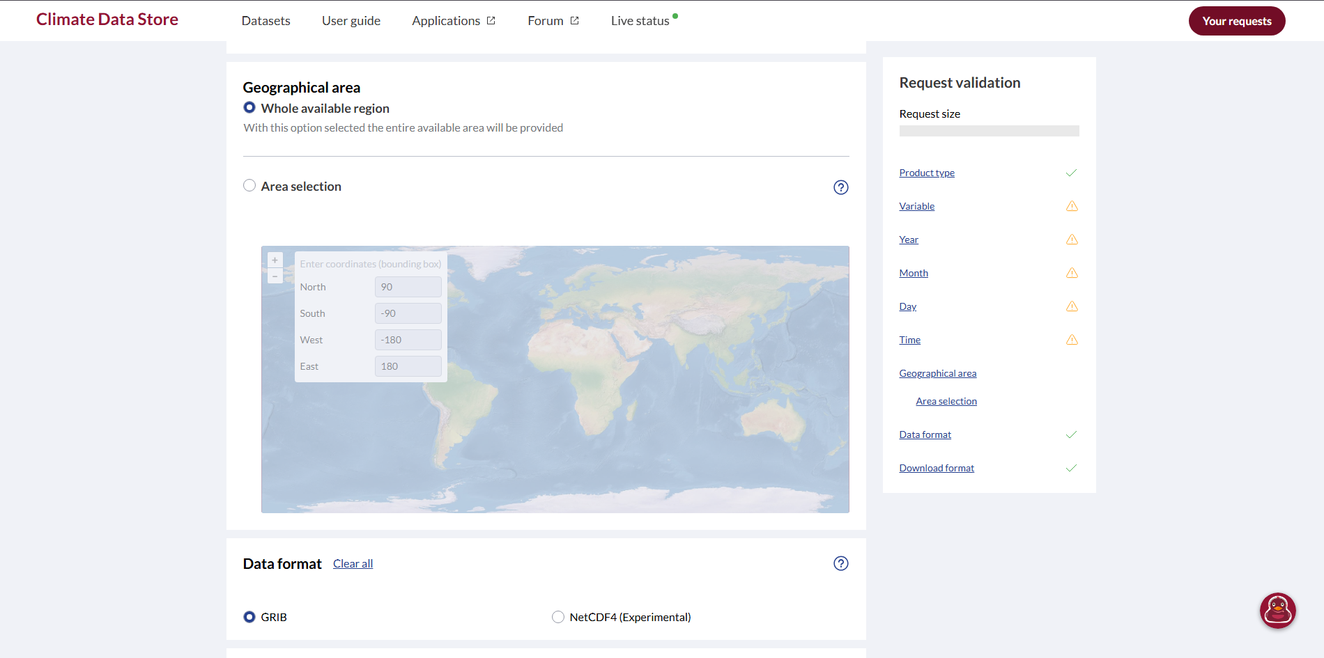 CDS download form showing Geographical area bounding box selection and Data format options (GRIB or NetCDF4)
