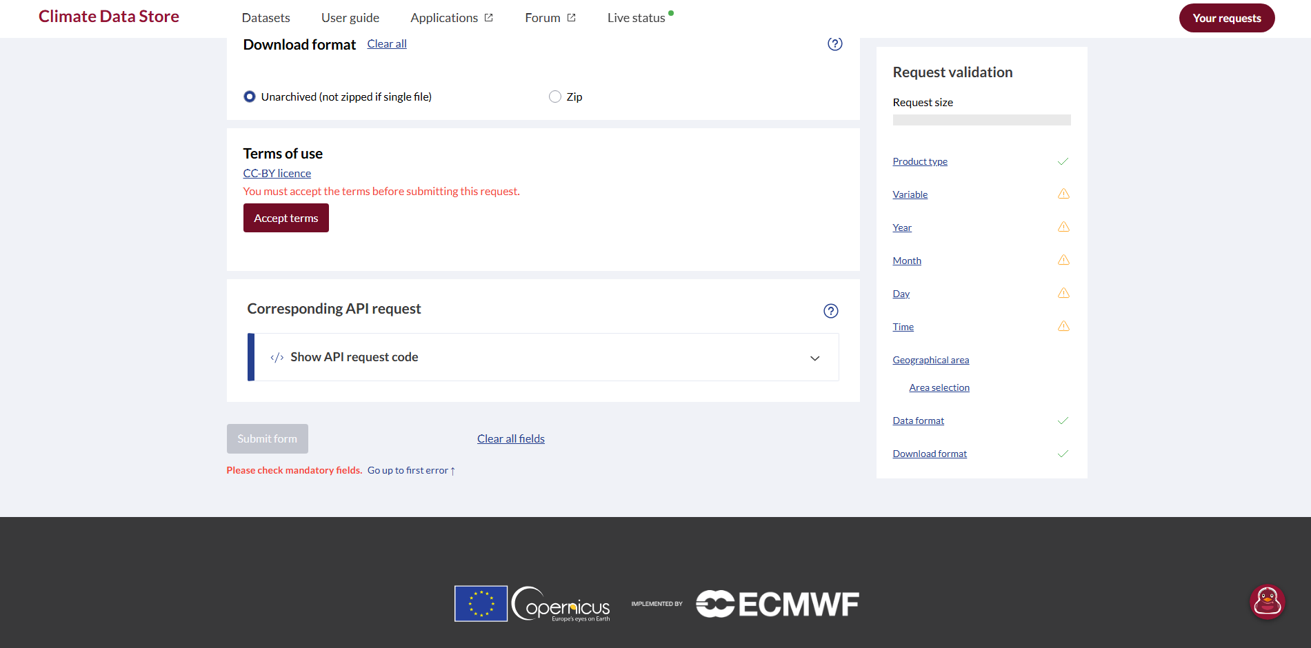 CDS download form showing the Download format choice, Terms of use with the Accept terms button, and the Submit form button
