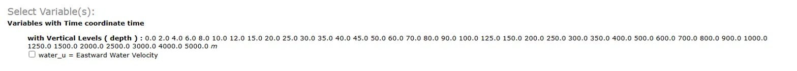 Select Variable(s) section showing the water_u checkbox and the list of available vertical levels in meters