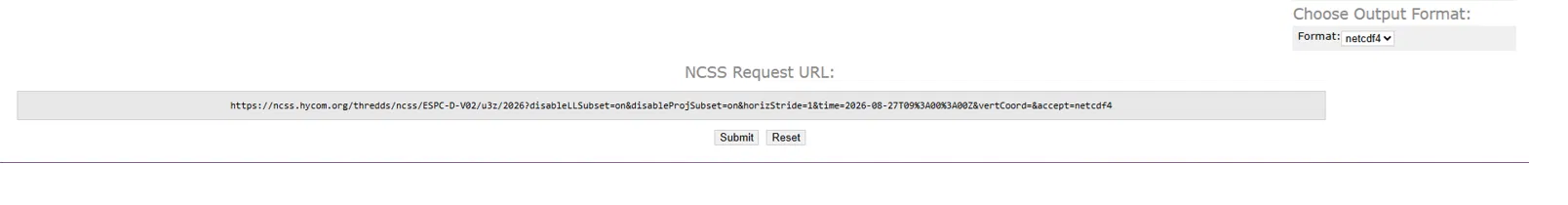 NCSS Request URL preview box with Submit and Reset buttons