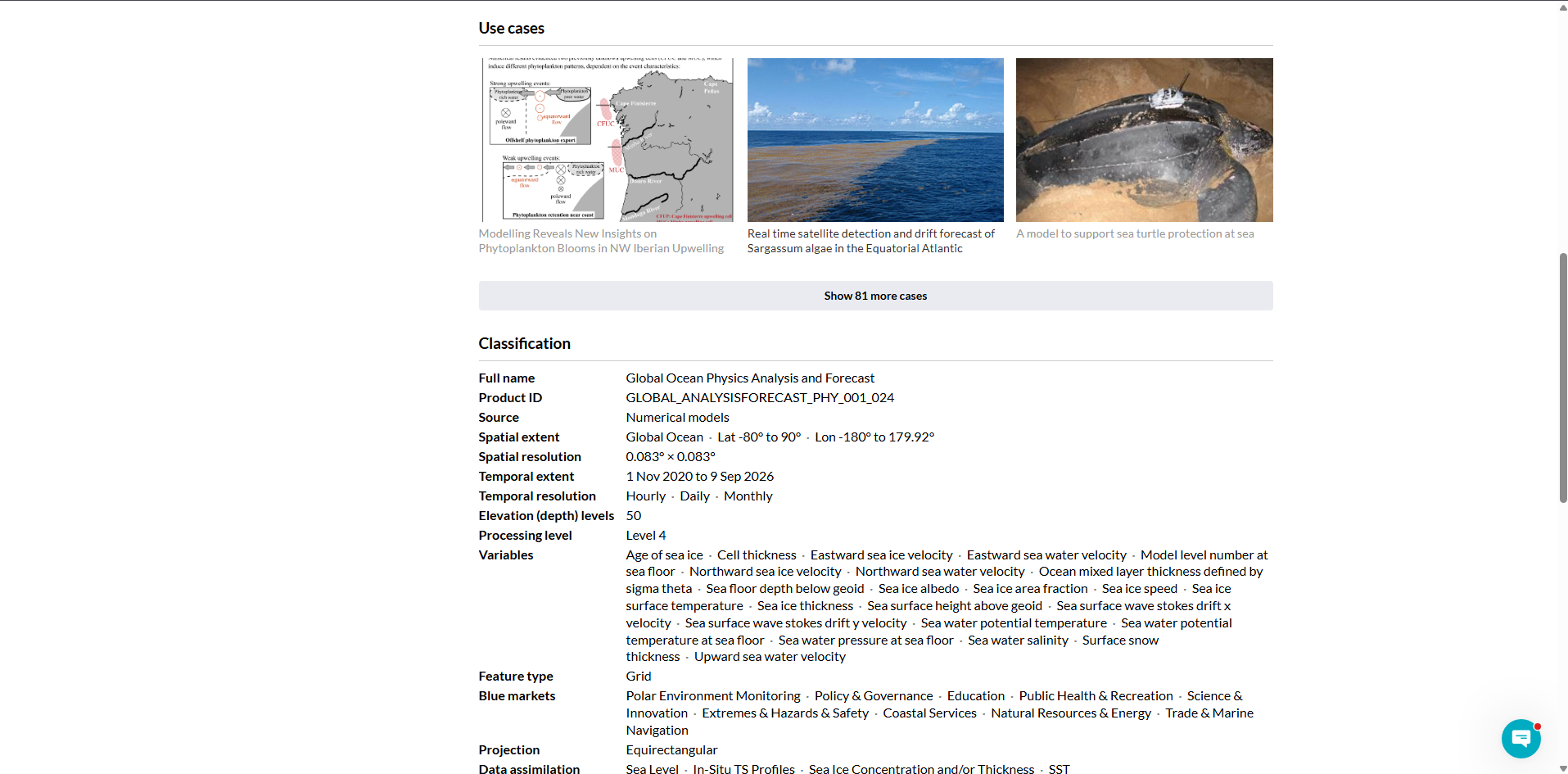 Copernicus Marine product Classification table showing spatial extent, resolution, temporal resolution, depth levels, and the full variable list