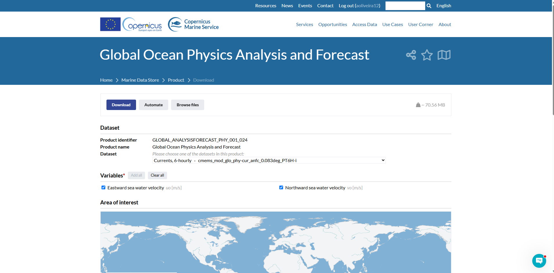 Mercator subset form showing the Dataset dropdown set to Currents 6-hourly, the Variables checkboxes for eastward and northward sea water velocity, and the Area of interest world map