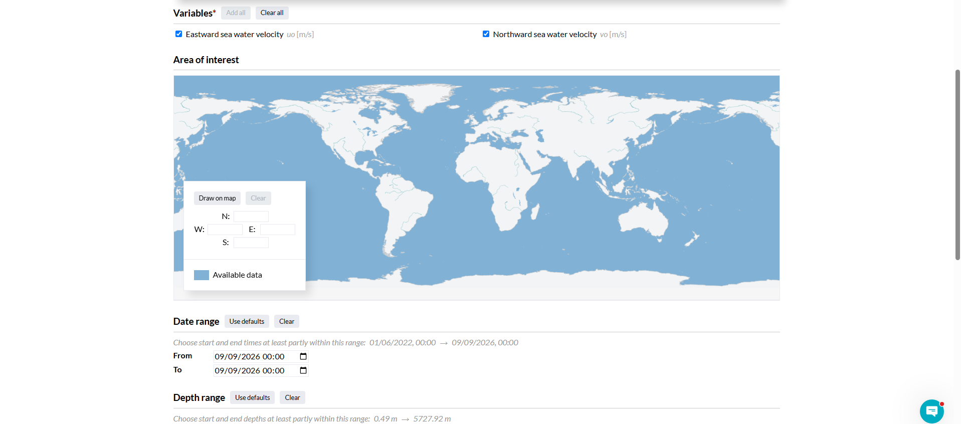 Mercator subset form showing the Date range fields defaulting to today's date, and the Depth range fields defaulting to 0.49 meters