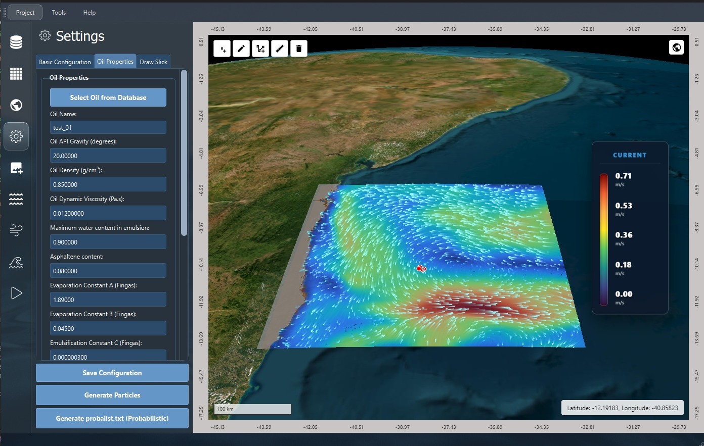 STFM Viewer showing ocean current velocity overlaid on the simulation grid, with the Oil Properties settings panel open