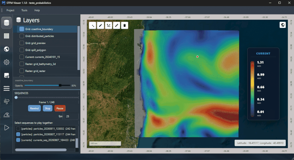 Animated sequence of ocean current fields playing back over time in the STFM Viewer's Layers panel