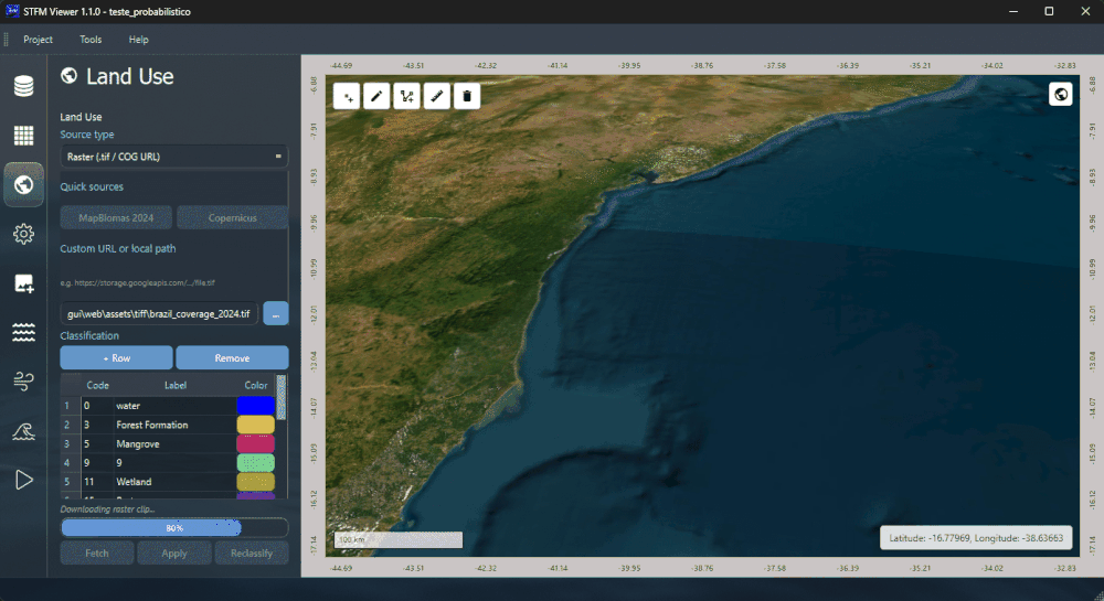 Land use classification workflow in the STFM Viewer, showing source selection and a coded classification table