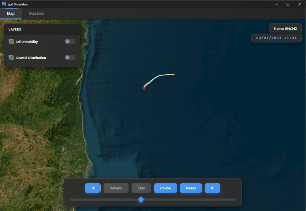 Animated oil slick trajectory drifting across the ocean surface in the STFM Viewer